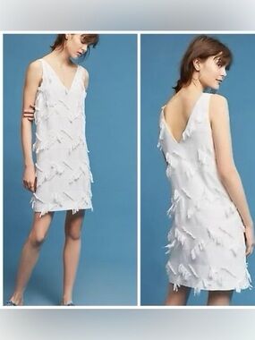 Anthropologie Maeve 6 Coastal White Fringe V-Neck Sleeveless Mini Shift Dress